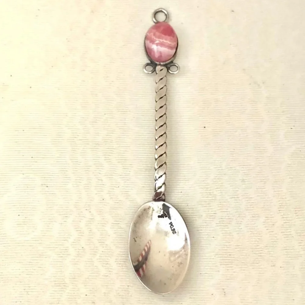 Antique Argentina Handcrafted Silver Demitasse Spoon Pink Rhodochrosite Crystal